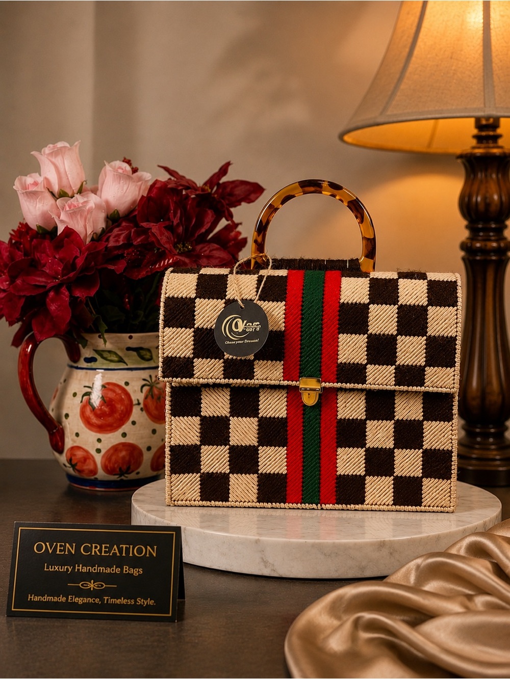 & Other Stories Brown and Cream Checkered Satchel with Red and Green Stripe